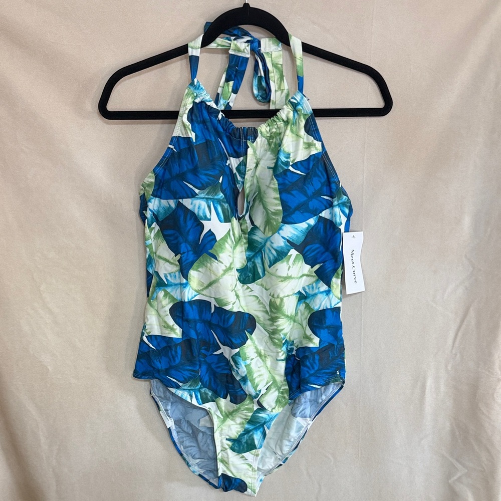 Blue & Green Leaf One-Piece Swimsuit